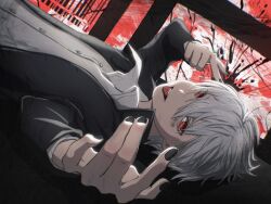  1boy abstract_background abstract_nonsense_(vocaloid) barcode barcode_tattoo black_jacket black_nails cheek_tattoo collared_shirt commentary_request double-parted_bangs finger_gun finger_gun_to_own_head gakuran hair_between_eyes hands_up highres indie_utaite jacket kirururururu2nd long_sleeves looking_at_viewer mafumafu male_focus on_floor open_clothes open_jacket red_eyes school_uniform shirt short_hair smile solo tattoo tongue tongue_out upper_body utaite white_hair white_shirt 