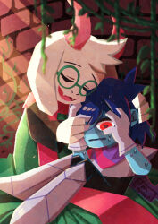  1boy 1other absurdres androgynous animal_ears antenna_hair armored_boots black_hair blue_skin blurry blurry_foreground boots closed_mouth colored_skin commentary_request cuirass deltarune fangs furry furry_male glasses green-framed_eyewear highres horns kris_(dark_world)_(deltarune) kris_(deltarune) long_sleeves open_mouth pink_scarf plant ralsei red_eyes round_eyewear scarf shaded_face short_hair skin_fangs smile sweat utdr_(toby_fox) vines watawata22 