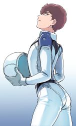  1boy absurdres amuro_ray ass bishounen bodysuit brown_hair closed_mouth collared_bodysuit from_behind from_side gradient_background gundam helmet highres holding holding_unworn_helmet looking_at_viewer looking_back male_focus mobile_suit_gundam oh_syz parted_lips short_hair solo teeth unworn_headwear unworn_helmet white_background white_bodysuit 