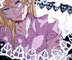  1boy ayukawa_ryuuji blonde_hair blue_period blurry blurry_background commentary_request crying hand_on_own_arm highres hug long_hair looking_at_viewer male_focus nkst_489 pink_shirt shirt simple_background tears trap white_background 
