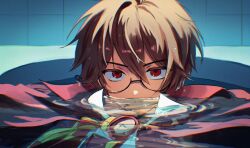  1boy bathing bathtub brown_hair cape clock closed_mouth clothed_bath commentary damiimad glasses hair_between_eyes highres in_bathtub jacket klug_(puyopuyo) looking_at_viewer male_focus partially_submerged puyopuyo puyopuyo_fever_2 red_cape red_eyes red_jacket semi-rimless_eyewear short_hair solo strange_klug tile_wall tiles untranslatable_commentary water wet 