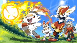  blacknirrow blue_sky bright_pupils cinderace clouds evolutionary_line highres kicking no_humans open_mouth outdoors pokemon pokemon_(creature) pyro_ball_(pokemon) raboot red_eyes running scorbunny sky sun tree white_pupils 