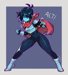  1girl androgynous armor armored_boots black_bodysuit black_hair blue_skin bodysuit boobplate boots breastplate breasts cape colored_skin covered_navel deltarune english_text expressionless fingerless_gloves full_body gauntlets genderswap genderswap_(otf) gloves grey_background hair_between_eyes hair_over_eyes highres kris_(dark_world)_(deltarune) kris_(deltarune) looking_at_viewer navel outline pointing pointing_at_viewer purple_outline red_cape rthunderatk shaded_face short_hair shoulder_armor simple_background skin_tight solo solo_focus square thick_thighs thighs utdr_(toby_fox) 
