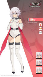  1girl belt black_thighhighs character_name copyright_logo english_text eye_mask full_body gloves hair_between_eyes highres hood hood_down leotard logo mask ninja_defenders:_cat_shinobi official_art own_hands_together short_hair shy_(character) shy_(series) thigh-highs white_gloves white_hair white_leotard 