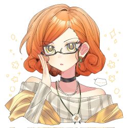  ... 1girl adjusting_eyewear alternate_costume bare_shoulders black-framed_eyewear black_choker choker curly_hair danganronpa_another fengling0419 glasses hair_behind_ear highres jewelry long_sleeves mekaru_rei necklace off-shoulder_sweater off_shoulder orange_hair parted_hair pearl_necklace semi-rimless_eyewear short_hair simple_background solo super_danganronpa_another_2 sweater swept_bangs under-rim_eyewear white_background yellow_eyes 