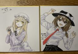 2girls :p absurdres asymmetrical_sidelocks black_bow black_hat black_ribbon black_skirt blonde_hair bow brown_hair buttons cellphone closed_mouth collared_dress collared_shirt commentary_request cowboy_shot dated dress hat hat_bow heart heart_hands highres kashiwada_kiiho long_hair long_sleeves maribel_hearn medium_hair multiple_girls neck_ribbon necktie open_mouth phone photo_(medium) purple_dress red_necktie ribbon shikishi shirt shirt_tucked_in sidelocks signature skirt smile tongue tongue_out touhou traditional_media translation_request usami_renko white_bow white_shirt yellow_eyes 