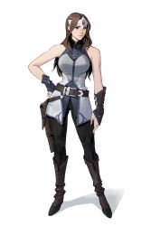  1girl arm_at_side ass_visible_through_thighs bare_shoulders belt belt_buckle belt_pouch black_pants boots breasts brown_belt brown_boots brown_hair buckle closed_mouth collared_jacket commentary concept_art contrapposto dongho_kang dota_(series) dota_2 english_commentary forehead_protector full_body gem gloves grey_eyes grey_gloves grey_jacket hand_on_own_hip highres jacket knee_boots large_breasts lips long_hair looking_to_the_side mirana_(dota) nose official_art orange_gem pants pouch shadow simple_background single_arm_guard sleeveless sleeveless_jacket solo standing white_background 