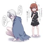  accelerator_(cosplay) ahoge bare_legs barefoot black_dress blanket blush_stickers brown_eyes brown_hair cosplay costume_switch dress idora last_order last_order_(cosplay) naked_cape open_mouth silver_hair smile thinking to_aru_majutsu_no_index translated translation_request 
