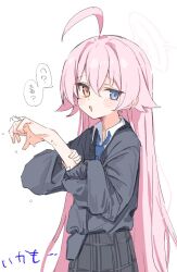  1girl ahoge black_skirt blue_archive blue_eyes blue_necktie blush_stickers cardigan collared_shirt grey_cardigan grey_skirt hair_between_eyes hair_flaps halo heterochromia hoshino_(blue_archive) long_hair long_sleeves looking_at_viewer necktie open_mouth pink_hair pink_halo plaid_clothes plaid_skirt pleated_skirt shirt simple_background skirt solo speech_bubble very_long_hair white_background white_shirt yellow_eyes youbi_(0ver_sd) 