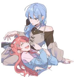  2girls :d ahoge arm_support black_shirt black_shoes blue_choker blue_hair blue_sleeves blush choker closed_eyes commentary cropped_shirt cropped_torso cross-laced_clothes cross-laced_sleeves cross-laced_slit detached_sleeves double-parted_bangs earrings grey_eyes grey_pants grey_ribbon grey_sleeves hair_behind_ear hair_bun hair_ornament hairclip highres hololive hoshimachi_suisei hoshimachi_suisei_(13th_costume) jewelry lap_pillow long_hair long_sleeves looking_at_another lying midriff multiple_girls necklace official_alternate_costume on_back open_mouth pants parallel_hairclips pink_hair sakgi sakura_miko sakura_miko_(11th_costume) shirt shoes side_up_bun sidelocks simple_background single_bare_shoulder single_off_shoulder single_side_bun sitting smile symbol_in_eye teeth untranslatable_commentary upper_teeth_only virtual_youtuber white_background white_choker white_shirt x_hair_ornament yokozuwari 