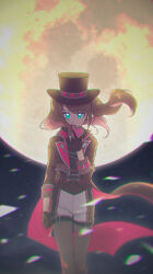  1boy black_coat black_gloves black_hat black_jacket black_pantyhose black_shirt coat collared_shirt commentary_request cowboy_shot feet_out_of_frame gloves green_eyes hat heart highres holding holding_heart idolmaster idolmaster_side-m jacket lapel_chain lapels long_coat long_hair long_sleeves mizushima_saki moon moon_background nemuko_(minkoooozzz) night official_alternate_costume pantyhose shirt shorts solo standing thigh_strap trap twintails white_shorts 