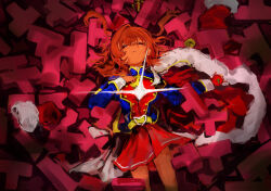  1girl absurdres aijo_karen belt belt_buckle blue_jacket brown_hair buckle clock_owo closed_eyes closed_mouth commentary cowboy_shot food fur-trimmed_jacket fur_trim hair_between_eyes hand_on_own_chest hands_up highres holding holding_food holding_vegetable jacket long_sleeves lying miniskirt on_back outstretched_arm red_jacket red_skirt short_hair shoujo_kageki_revue_starlight single_horizontal_stripe skirt solo sparkle striped_clothes striped_skirt tassel tomato torn_clothes torn_jacket two_side_up untranslatable_commentary unworn_jacket vegetable waist_cape yellow_belt 