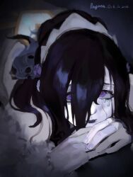  1girl 2026 artist_name black_hair blue_lips blue_nails blue_skin colored_skin dress fur-trimmed_gloves fur_collar fur_trim gem ghost_girl ghostly_bride_mei gloves hair_between_eyes hair_bun hair_over_one_eye hair_over_shoulder halloween_costume highres looking_at_viewer makeup mei_(overwatch) overwatch partially_fingerless_gloves payona_sangxi purple_gem runny_makeup solo strapless strapless_dress tears violet_eyes white_headdress 