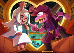  2girls absurdres animal_ears antlers armlet black_boots black_eyes black_vest blonde_hair blush boots bracelet buckle cloak colored_skin colored_teeth commentary_request deer_ears deltarune ferris_wheel_interior freckles furry furry_female heart heart-shaped_buckle highres horns jewelry long_hair long_sleeves looking_at_another multiple_girls noelle_holiday noelle_holiday_(dark_world) one_eye_closed open_clothes open_mouth open_vest pants purple_hair purple_pants purple_shirt purple_skin reindeer_antlers reindeer_girl reptile_girl scene_reference sharp_teeth shirt sitting smile spiked_armlet spiked_bracelet spikes standing susie_(dark_world)_(deltarune) susie_(deltarune) teeth tongue upper_teeth_only utdr_(toby_fox) vest watawata22 white_cloak yellow_teeth 