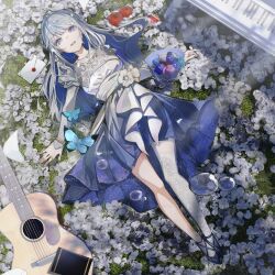  1girl absurdres apple black_shoes blue_eyes blue_flower blue_hair blue_skirt bouquet colored_inner_hair field flower flower_field food from_above fruit grass guitar high_heels highres instrument ishida_tatsuki long_hair long_sleeves looking_at_viewer lying mail multicolored_hair on_back open_mouth pantyhose piano pink_flower rk_music sample_watermark sash shirt shoes single_leg_pantyhose skirt solo virtual_youtuber water_drop watermark white_flower white_hair white_pantyhose white_sash white_shirt yono_(rk_music) 