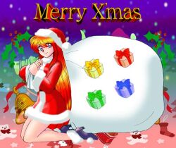  1990s_(style) 1girl android ankle_boots bell blue_boots blue_eyes boots christmas christmas_ornaments christmas_present christmas_stocking christmas_wreath dress fur-trimmed_boots fur-trimmed_dress fur-trimmed_headwear fur_trim gift hat holding holding_sack jingle_bell kneeling leotard long_hair looking_at_viewer mieu_(phantasy_star) non-web_source official_artist_extra ozaki_toyo phantasy_star phantasy_star_iii red_dress red_hair red_hat retro_artstyle sack santa_costume santa_dress santa_hat smile solo wreath 