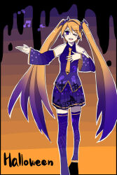  1girl bat_hair_ornament boots collared_shirt commentary_request detached_sleeves full_body ghost_print gradient_hair hair_ornament halloween hatsune_miku limited_palette long_hair long_sleeves looking_at_viewer multicolored_hair musical_note necktie number_tattoo one_eye_closed open_mouth orange_hair orange_necktie pleated_skirt print_boots print_shirt print_skirt print_sleeves purple_boots purple_hair purple_shirt purple_skirt purple_sleeves rei_ai shirt shoulder_tattoo singing skirt sleeveless sleeveless_shirt solo spider_web_print standing star_(symbol) star_print tattoo thigh_boots twintails very_long_hair violet_eyes vocaloid 