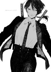  1girl absurdres artist_name cheek_tattoo collared_shirt commentary_request cowboy_shot cross_tattoo crosshatching dated dutch_angle english_text greyscale hair_tie haruho_drst hatching_(texture) high-waist_pants highres jacket kagurabachi linear_hatching looking_at_viewer monochrome necktie open_clothes open_jacket pants serious shirt short_hair_with_long_locks simple_background solo suit sumi_(kagurabachi) sword sword_on_back tattoo weapon weapon_on_back white_background 