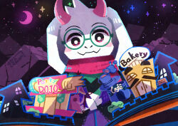  1boy absurdres animal_ears blush bright_pupils castle_town_(deltarune) closed_mouth commentary_request deltarune fangs furry furry_male glasses green-framed_eyewear highres horns male_focus pink_eyes pink_scarf ralsei round_eyewear scarf skin_fangs solo utdr_(toby_fox) watawata22 white_pupils 