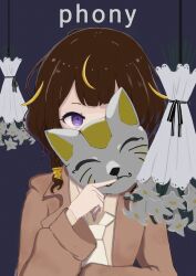  1girl anya_melfissa anya_melfissa_(indonesian_casual) blonde_streaks blue_background bouquet braid brown_hair brown_jacket brown_shirt collared_shirt flower flower_request fox_mask highres holding holding_mask hololive hololive_english hololive_indonesia jacket kajin8901 knife_hair_ornament long_sleeves looking_at_viewer mask mask_over_one_eye multicolored_hair necktie phony_(cevio) shirt side_braid solo streaked_hair upper_body violet_eyes white_flower white_necktie 