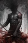  blood blood_stain copyright_request dark grey katana long_hair male monochrome muscle ribbon samurai shirtless solo stanley_lau sword tattoo topless tree weapon 