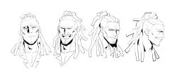  1boy absurdres annoyed beard_stubble closed_eyes closed_mouth commentary concept_art cropped_shoulders dongho_kang dreadlocks english_commentary facial_hair finn_(halcyon_zero) full_body greyscale halcyon_zero highres laughing looking_at_viewer looking_to_the_side male_focus medium_hair monochrome multiple_expressions multiple_views mustache_stubble nose nose_shade official_art open_mouth parted_lips simple_background sketch smile stubble teeth tongue white_background 
