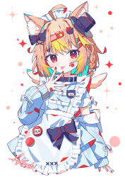  1girl :p ahoge animal_ear_fluff animal_ears apron aramedraw black_bow black_hat blue_jacket blush bow cat_ears cat_girl closed_mouth colored_inner_hair commentary_request cropped_legs dot_nose frilled_apron frills hair_bow hair_intakes hair_ornament hand_up hat highres jacket jersey_maid long_sleeves looking_at_viewer maid maid_headdress mini_hat mini_top_hat multicolored_hair nail_polish orange_hair original red_eyes red_nails sidelocks simple_background sleeves_past_wrists solo tongue tongue_out top_hat track_jacket unconventional_maid white_apron white_background x_hair_ornament 