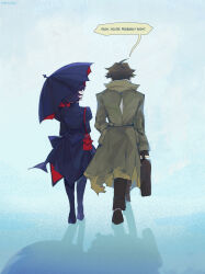  1girl 1other absurdres bag black_boots black_dress black_hair boots briefcase brown_hair brown_shoes celexcity coat commentary deadlock_(game) dress english_commentary english_text from_behind green_coat handbag highres holding holding_briefcase long_sleeves mina_(deadlock) pocket_(deadlock) red_bag shoes short_hair side-by-side speech_bubble umbrella umbrella_over_shoulder 
