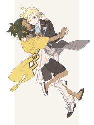  2boys :d ahoge black_sandals black_shorts blonde_hair blue_necktie border closed_eyes coat dancing dark-skinned_male dark_skin ear_piercing fua1heyvot4ifsr full_body gladion_(pokemon) gladion_(sygna_suit)_(pokemon) green_eyes green_hair grey_background grey_vest hair_over_one_eye hau_(pokemon) hau_(sygna_suit)_(pokemon) highres jewelry looking_at_another male_focus multiple_boys necklace necktie official_alternate_costume open_clothes open_coat open_mouth pants piercing pokemon pokemon_masters_ex pokemon_sun_and_moon ponytail sandals shirt shoes shorts simple_background smile standing vest white_border white_pants white_shirt white_shoes yellow_coat 