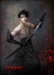  bare_shoulders bishounen black_hair elbow_gloves eyebrows gloves jana_schirmer janaschi lips male messy_hair muscle original realistic solo sword torso weapon 