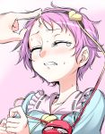  blush closed_eyes dekopin eyes_closed face flick forehead forehead_flick hairband heart komeiji_satori kumadano purple_eyes short_hair simple_background solo sweat tears third_eye touhou violet_eyes 