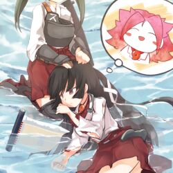  3girls black_hair black_thighhighs brown_eyes closed_mouth commentary_request feet_out_of_frame head_out_of_frame hiyou_(kancolle) jacket jewelry jun'you_(kancolle) kantai_collection lap_pillow long_hair long_sleeves magatama magatama_necklace multiple_girls muneate necklace open_mouth pink_hair red_skirt shirt skirt solo_focus speech_bubble thigh-highs thought_bubble uriah-oyu water white_jacket white_shirt zuikaku_(kancolle) 