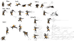  1boy afterimage arrow_(symbol) attack black_pants black_shirt boots brown_boots casting_spell commentary concept_art dark-skinned_male dark_skin dashing dongho_kang dreadlocks dual_wielding english_commentary english_text finn_(halcyon_zero) firing full_body grey_hair gun halcyon_zero handgun highres holding holding_gun holding_weapon jumping long_hair male_focus official_art pants running sash shirt simple_background sketch speech_bubble standing weapon white_background yellow_sash 