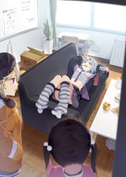  3girls aqua_eyes armband arms_up black_hair black_hat black_jacket black_nails blonde_hair box breasts cardboard_box cellphone chair chips_(food) couch cropped_shirt day desk drink_carton earrings food food_in_mouth grey_hair grey_skirt hair_bobbles hair_ornament hat headphones headphones_around_neck highres holding holding_phone indoors jacket jewelry kaga_nazuna kaga_nazuna_(2nd_costume) kaga_sumire kaga_sumire_(2nd_costume) komori_met komori_met_(5th_costume) long_hair long_sleeves loose_socks lying mask mask_on_head medium_breasts midriff mole mole_under_eye multiple_girls nail_polish navel no_shoes on_back on_couch open_clothes open_jacket orange_jacket phone plaid_clothes plaid_skirt plant pleated_skirt potato_chips potted_plant poyaneko_(kaga_sumire) purple_jacket school school_chair school_desk shirt short_hair siblings siromi_kimi sisters skirt sleep_mask sleeveless sleeveless_shirt smartphone snack socks speech_bubble striped_clothes striped_socks sweat table thigh_strap twintails violet_eyes virtual_youtuber vspo! white_shirt whiteboard window 