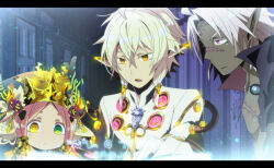  3boys alternate_eye_color alternate_hair_color coat colored_eyebrows commentary_request crossed_bangs dark-skinned_male dark_skin ear_covers glowing hair_between_eyes hair_tubes hat heterochromia letterboxed male_focus metal_hair_tubes mizuchaya_youkan multiple_boys necromancer_(sekaiju) necromancer_1_(sekaiju) official_alternate_color open_clothes pink_hair pointy_ears profile sekaiju_no_meikyuu sekaiju_no_meikyuu_5 shaman_(sekaiju) shaman_3_(sekaiju) upper_body warlock_(sekaiju) warlock_1_(sekaiju) white_coat white_hair yellow_eyes 