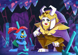  1boy 1girl absurdres aged_down armor asgore_dreemurr barefoot beard black_eyes blonde_hair blue_skin bright_pupils cape colored_skin colored_teeth commentary_request crown crying crying_with_eyes_open facial_hair fangs furry furry_male green_eyes highres holding holding_polearm holding_weapon kneeling looking_at_another on_one_knee open_mouth polearm ponytail purple_cape red_hair sharp_teeth short_hair short_ponytail skin_fangs smile spear tears teeth undertale undyne utdr_(toby_fox) watawata22 weapon white_pupils yellow_teeth 