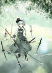  blue_eyes field_of_blades flower gloves green_eyes hairband highres katana konpaku_youmu konpaku_youmu_(ghost) kuroneko1911a1 leaf nanaroku_(fortress76) ripples scabbard sheath sheathed short_hair silver_hair solo standing sword tassel touhou tree water weapon white_gloves 