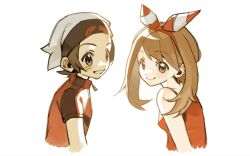  1boy 1girl beanie bow_hairband brendan_(pokemon) brown_hair commentary_request cropped_torso grey_eyes grin hairband happy hat highres korean_commentary long_hair may_(pokemon) pokemon pokemon_omega_ruby_and_alpha_sapphire red_hairband red_shirt shirt short_hair short_sleeves sleeveless sleeveless_shirt smile teeth up0pu zipper_pull_tab 