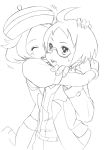  1boy 1girl bel_(pokemon) bell_(pokemon) blush cheren_(pokemon) glasses hat hijirino_yuuta hug monochrome pokemon pokemon_(game) pokemon_black_and_white pokemon_bw sketch smile 