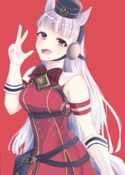  1girl animal_ears armband blunt_bangs blush bow breasts brown_hat dress ear_bow ear_ribbon gloves gold_ship_(red_strife)_(umamusume) gold_ship_(umamusume) grey_hair hat highres horse_ears horse_girl horse_tail long_hair looking_at_viewer medium_breasts mitorine0310 open_mouth pillbox_hat red_bow red_dress sleeveless sleeveless_dress smile solo striped_armband striped_clothes tail umamusume violet_eyes white_gloves 