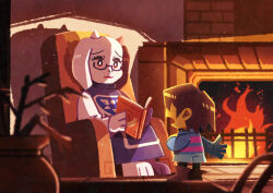 1girl 1other absurdres androgynous armchair barefoot black-framed_eyewear blue_shorts blue_sweater book boots brown_boots brown_hair chair colored_skin commentary_request fangs fire fireplace frisk_(undertale) furry furry_female highres holding holding_book long_sleeves looking_at_another open_book open_mouth parted_lips rectangular_eyewear semi-rimless_eyewear short_hair shorts sitting skin_fangs sweater toriel under-rim_eyewear undertale utdr_(toby_fox) vase watawata22 yellow_skin 
