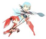  bare_shoulders battle black_legwear blood blue_eyes blue_hair boots cape chibi dual_wielding glider_(artist) glider_(guraida) guraida guraida_(eader) long_hair magical_girl mahou_shoujo_madoka_magica miki_sayaka multiple_girls nosebleed pocky polearm ponytail red_eyes red_hair redhead sakura_kyouko short_hair spear sword thigh-highs thighhighs weapon white_legwear 