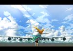  airplane bad_id cloud clouds flag from_behind green_hair hatsune_miku haz_first_music highres letterboxed long_hair skirt sky solo twintails very_long_hair vocaloid 