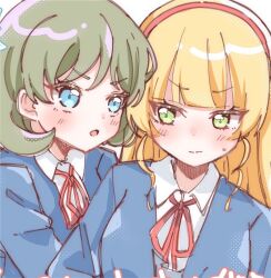  2girls blonde_hair blue_eyes blunt_bangs blush collared_shirt commentary_request flipped_hair green_eyes green_hair hairband heanna_sumire long_hair love_live! love_live!_superstar!! memeta_(oolm_m) multiple_girls neck_ribbon open_mouth red_hairband red_ribbon ribbon school_uniform shirt short_hair simple_background straight_hair sweatdrop tang_keke upper_body v-shaped_eyebrows white_background white_shirt winter_uniform yuigaoka_school_uniform 