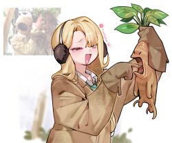  1girl blush brown_gloves brown_robe commentary creature earmuffs gloves green_necktie grey_eyes hand_up harry_potter_(series) highres holding holding_creature index_finger_raised lianbiglian long_sleeves malfoid mandrake_(harry_potter) necktie open_mouth photo-referenced robe solo tom_felton untranslatable_commentary wizarding_world 