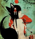  artist_request bad_id black_hair bow braid closed_eyes corset_piercing eyes_closed eyeshadow fox_ears fox_tail garter_belt hasuhashi japanese_clothes makeup original smoke solo stiches stitches tail twin_braids twintails yin_yang 