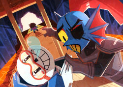  1boy 1girl 1other absurdres androgynous armor black_eyes blue_jacket blue_shorts blue_skin blue_sweater brown_hair colored_sclera colored_skin colored_teeth commentary_request eyepatch frisk_(undertale) grin highres hood hood_down hooded_jacket jacket long_hair long_sleeves looking_at_another nose_bubble open_mouth pointing pointing_at_another ponytail red_hair sans_(undertale) short_hair shorts skeleton sleep_mask sleeping smile sweater teeth undertale undyne utdr_(toby_fox) watawata22 yellow_sclera yellow_teeth 
