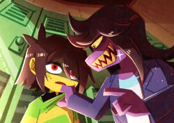  1girl 1other absurdres androgynous antenna_hair black_eyes black_shirt brown_hair cardigan clothes_grab collar_grab collared_shirt colored_sclera colored_skin colored_teeth commentary_request deltarune evil_smile furry furry_female green_sweater highres indoors kris_(deltarune) locker long_hair long_sleeves looking_at_another neckwear_grab open_cardigan open_clothes open_mouth purple_cardigan purple_skin red_eyes reptile_girl scene_reference sharp_teeth shirt shirt_under_sweater short_hair sidelocks smile susie_(deltarune) sweat sweater teeth utdr_(toby_fox) watawata22 white_shirt yellow_sclera yellow_skin yellow_teeth 