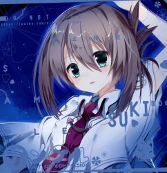  1girl :3 aqua_eyes arm_up artist_name blush brown_hair capelet collared_shirt commentary_request cross cross_print dark folded_ponytail hair_between_eyes heart highres imoe_(1017933989) kita_high_school_uniform_(subarashiki_hibi) looking_at_viewer medium_hair necktie night outdoors parted_lips print_necktie red_necktie school_uniform shirt sidelocks sky smile solo subarashiki_hibi tachibana_kimika twitter_username upper_body white_capelet white_shirt 