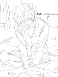  1boy animal_ear_fluff animal_print barefoot bedroom collarbone collared_pajamas commentary covered_eyes curtains english_commentary fish_print full_body greyscale grin hair_over_eyes highres indian_style long_sleeves male_focus messy_hair monochrome nishi_shunran nose_bubble on_bed pajamas pants pectorals pi_hikkins pillow print_pajamas sharp_teeth short_hair sitting sketch smile solo teeth v_arms waking_up window yani_neko zzz 